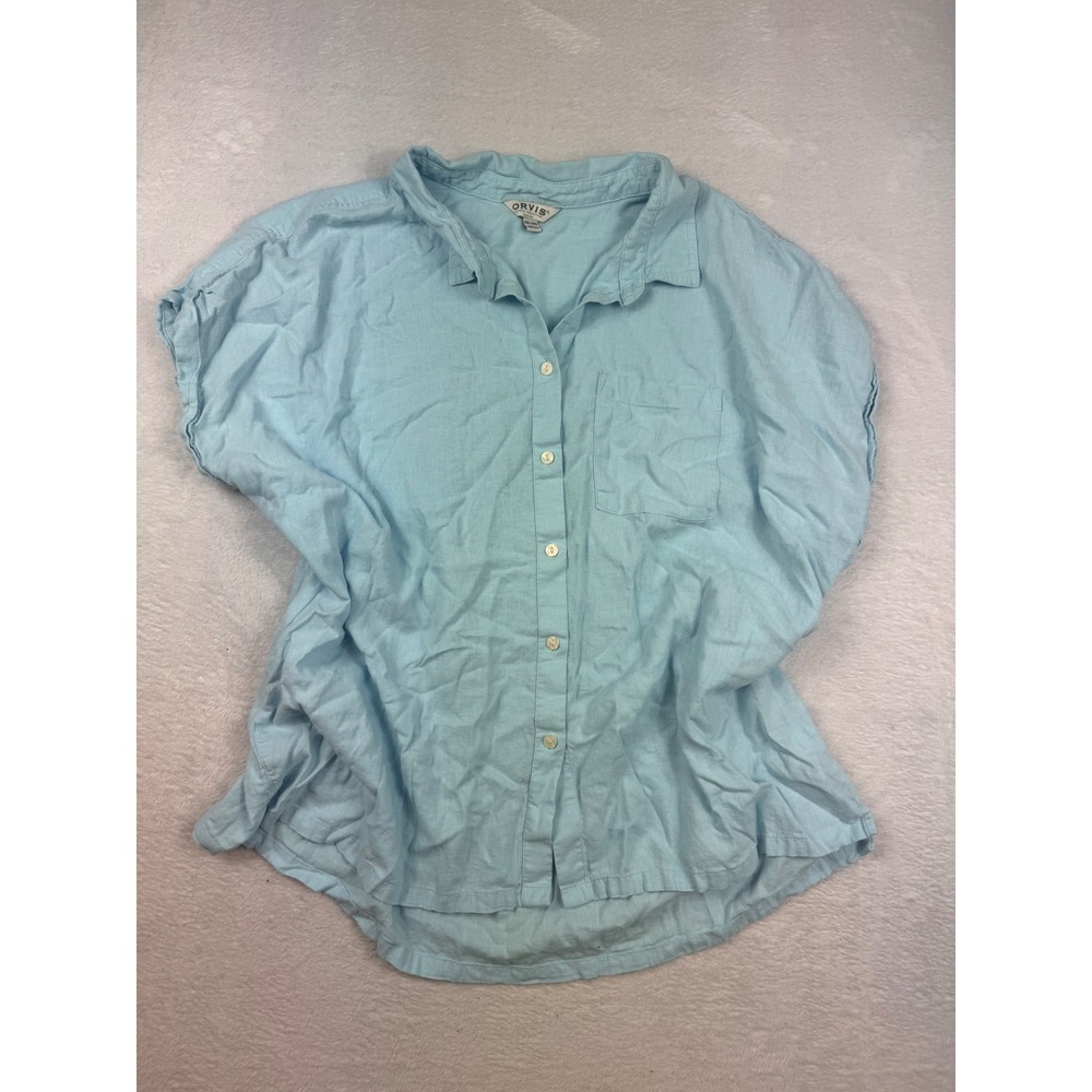 Orvis Classic Collection Light Blue Linen Rayon Short Sleeve Button Up Shirt XXL